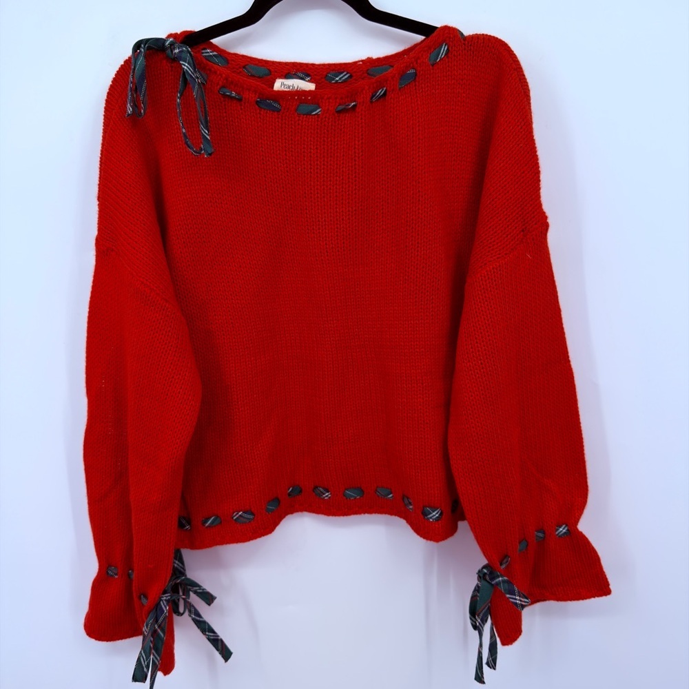 Peach Love California Red Knit Sweater L Plaid Ribbon Lace Up Holiday